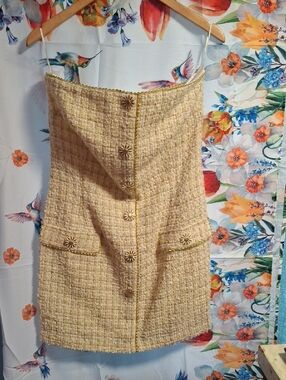 Eva Franco Yellow Tweed Strapless  Button-Front Mini Dress Size 6
